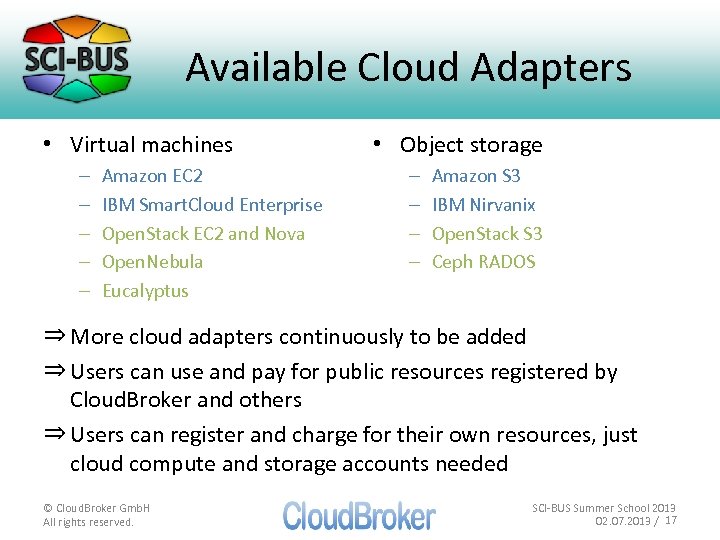 Available Cloud Adapters • Virtual machines – – – Amazon EC 2 IBM Smart.