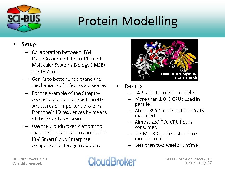 Protein Modelling • Setup – Collaboration between IBM, Cloud. Broker and the Institute of