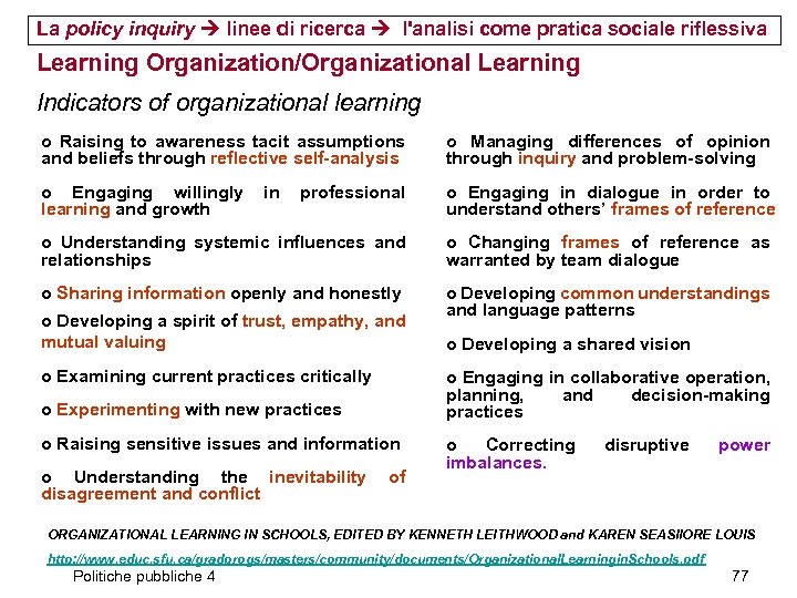 La policy inquiry linee di ricerca l'analisi come pratica sociale riflessiva Learning Organization/Organizational Learning
