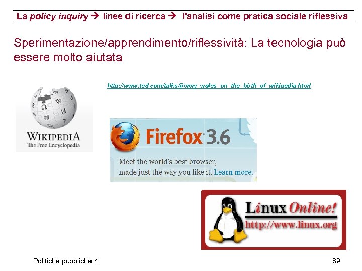 La policy inquiry linee di ricerca l'analisi come pratica sociale riflessiva Sperimentazione/apprendimento/riflessività: La tecnologia