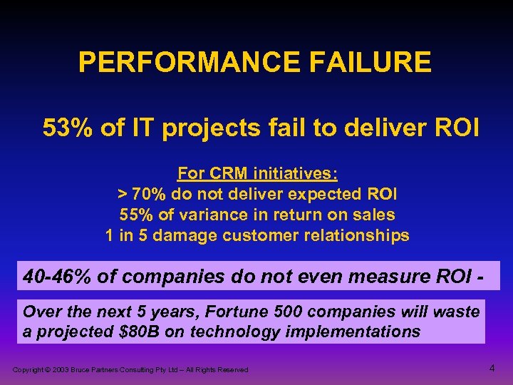 PERFORMANCE FAILURE 53% of IT projects fail to deliver ROI For CRM initiatives: >