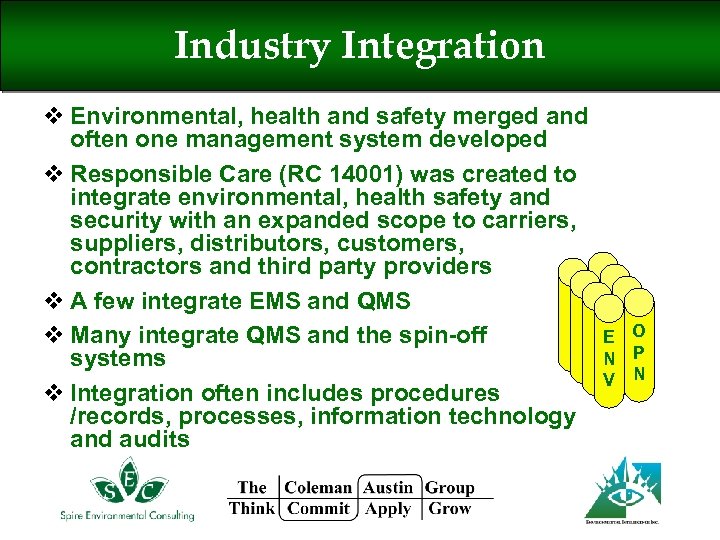 Industry Integration v Environmental, health and safety merged and often one management system developed