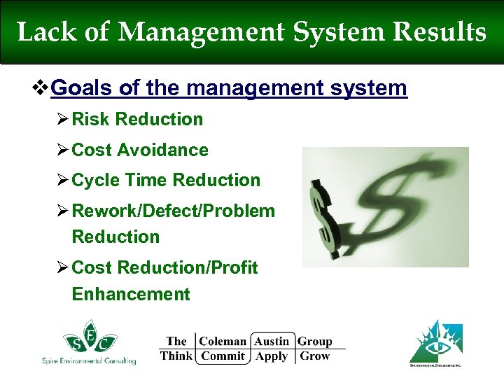 Lack of Management System Results v. Goals of the management system Ø Risk Reduction