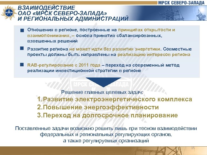 ВЗАИМОДЕЙСТВИЕ ОАО «МРСК СЕВЕРО-ЗАПАДА» И РЕГИОНАЛЬНЫХ АДМИНИСТРАЦИЙ Отношения в регионе, построенные на принципах открытости