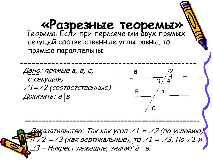  «Разрезные теоремы» Теорема: Если при пересечении двух прямых секущей соответственные углы равны, то