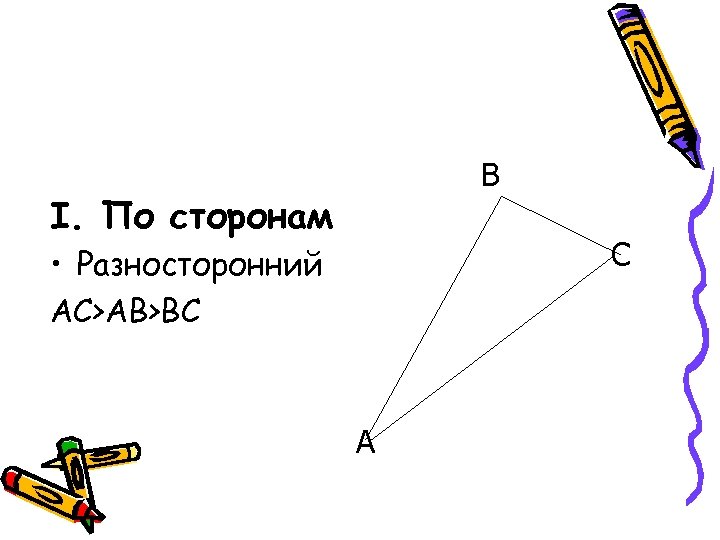 В I. По сторонам С • Разносторонний АС>АВ>ВС А 