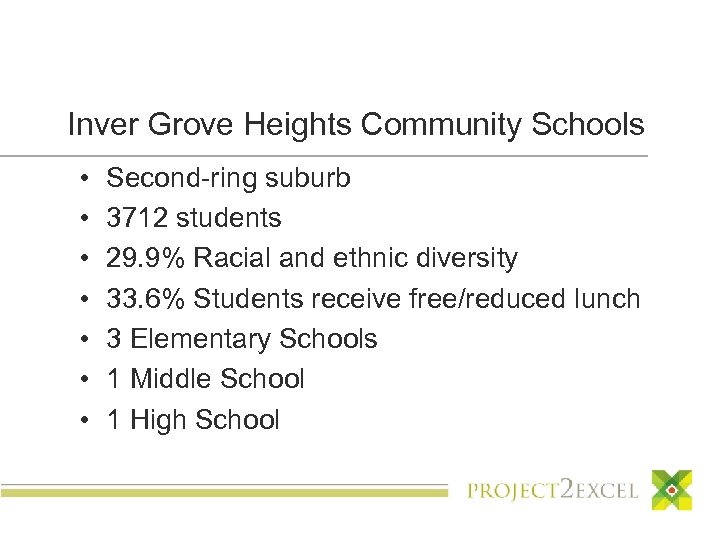 Inver Grove Heights Community Schools • • Second-ring suburb 3712 students 29. 9% Racial