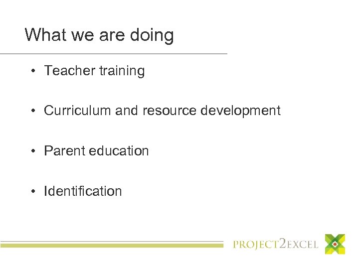 What we are doing • Teacher training • Curriculum and resource development • Parent