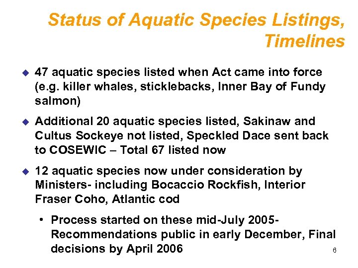 Status of Aquatic Species Listings, Timelines u 47 aquatic species listed when Act came