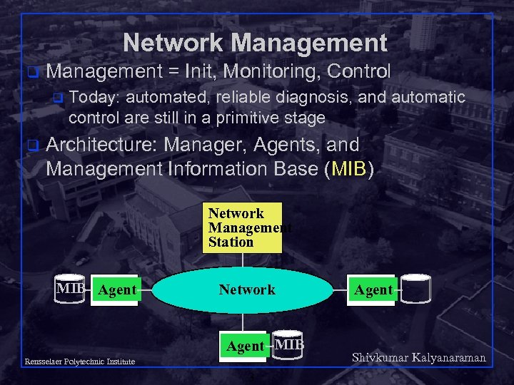 Network Management q Management = Init, Monitoring, Control q q Today: automated, reliable diagnosis,