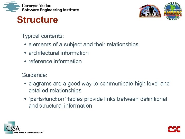 Structure Typical contents: • elements of a subject and their relationships • architectural information