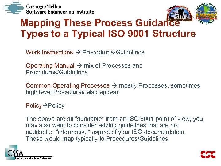 Mapping These Process Guidance Types to a Typical ISO 9001 Structure Work Instructions Procedures/Guidelines