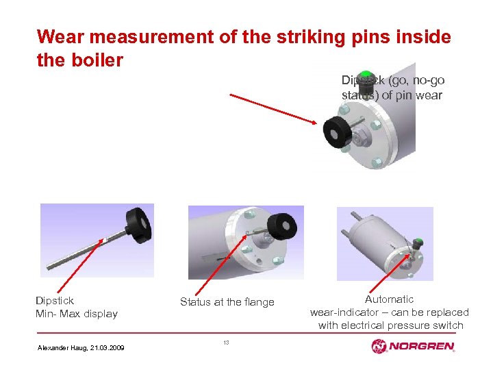 Wear measurement of the striking pins inside the boiler Dipstick (go, no-go status) of