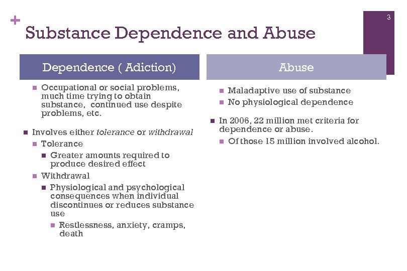 + 3 Substance Dependence and Abuse Dependence ( Adiction) n n Occupational or social