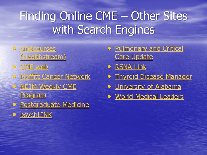 Finding Online CME – Other Sites with Search Engines • cmecourses • Pulmonary and