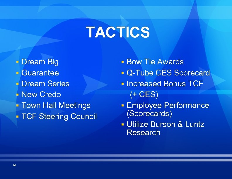 TACTICS § Dream Big § Bow Tie Awards § Guarantee § Q-Tube CES Scorecard