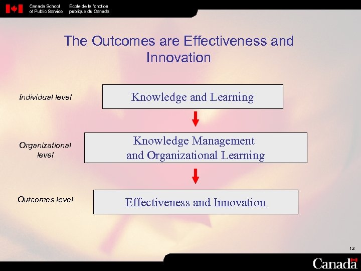 The Outcomes are Effectiveness and Innovation Individual level Knowledge and Learning Organizational level Knowledge