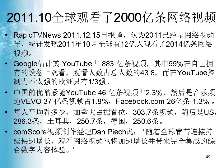 2011. 10全球观看了2000亿条网络视频 • Rapid. TVNews 2011. 12. 15日报道，认为 2011已经是网络视频 年，统计发现 2011年 10月全球有12亿人观看了2014亿条网络 视频。 •