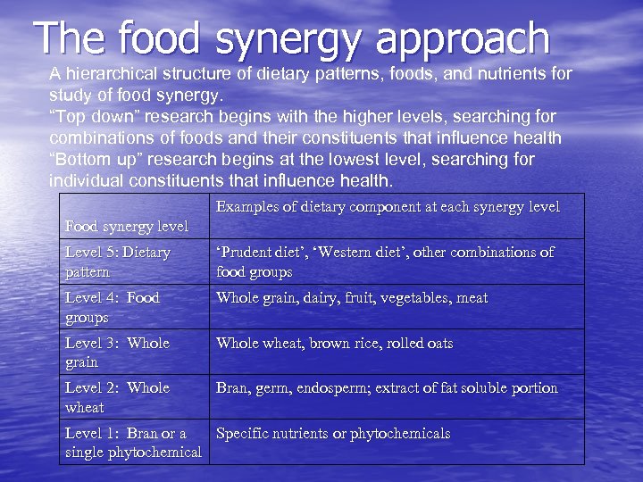 The food synergy approach A hierarchical structure of dietary patterns, foods, and nutrients for