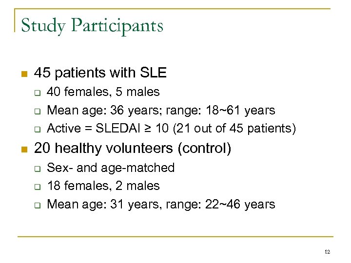 Study Participants n 45 patients with SLE q q q n 40 females, 5
