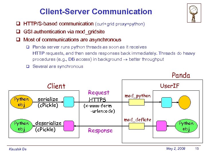 Client-Server Communication q HTTP/S-based communication (curl+grid proxy+python) q GSI authentication via mod_gridsite q Most