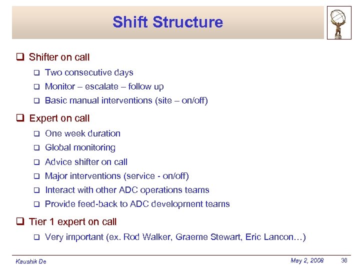 Shift Structure q Shifter on call q Two consecutive days q Monitor – escalate