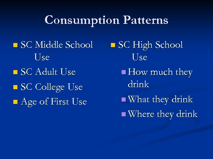 Consumption Patterns n SC Middle School Use n SC Adult Use n SC College