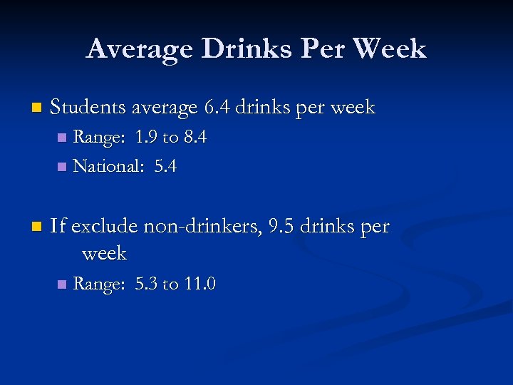 Average Drinks Per Week n Students average 6. 4 drinks per week Range: 1.