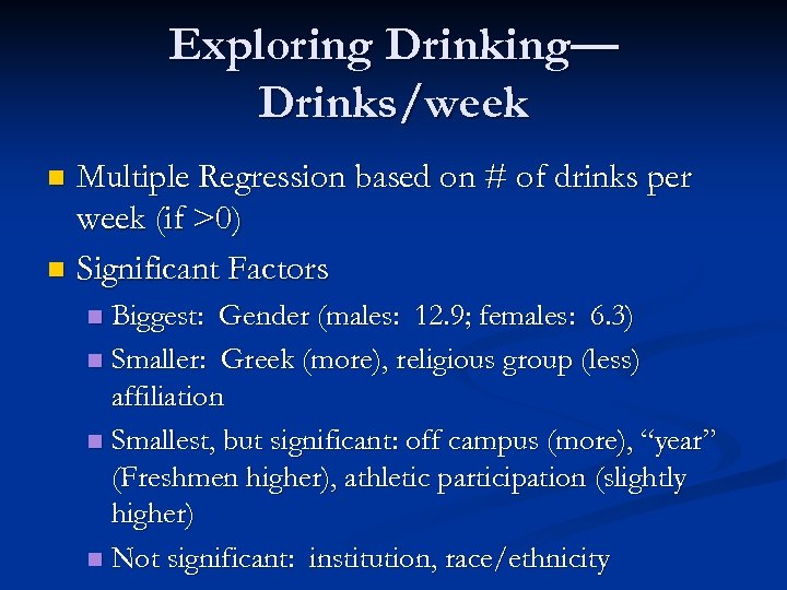Exploring Drinking— Drinks/week Multiple Regression based on # of drinks per week (if >0)