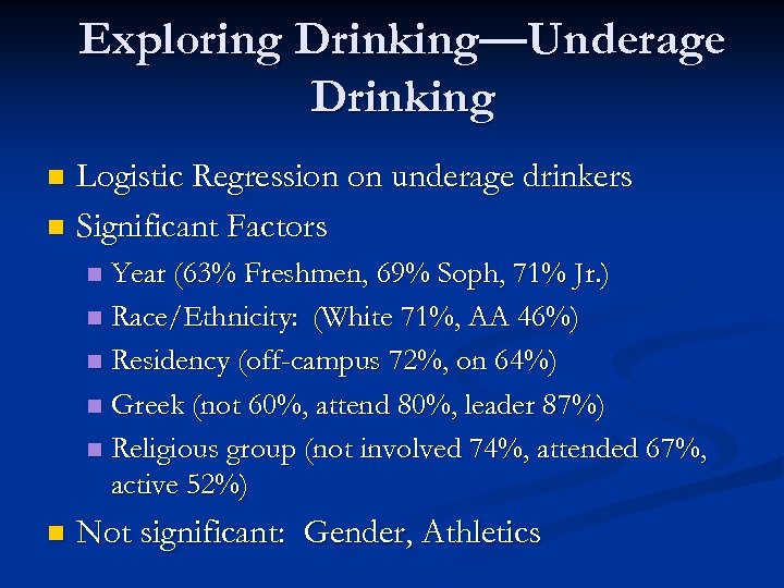 Exploring Drinking—Underage Drinking Logistic Regression on underage drinkers n Significant Factors n Year (63%