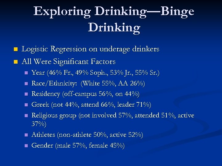 Exploring Drinking—Binge Drinking n n Logistic Regression on underage drinkers All Were Significant Factors