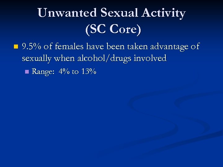 Unwanted Sexual Activity (SC Core) n 9. 5% of females have been taken advantage