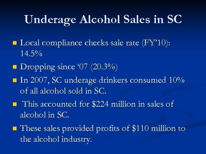 Underage Alcohol Sales in SC Local compliance checks sale rate (FY’ 10): 14. 5%