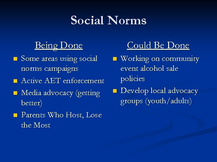 Social Norms Being Done n n Some areas using social norms campaigns Active AET