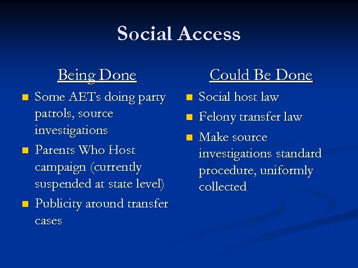 Social Access Being Done n n n Some AETs doing party patrols, source investigations