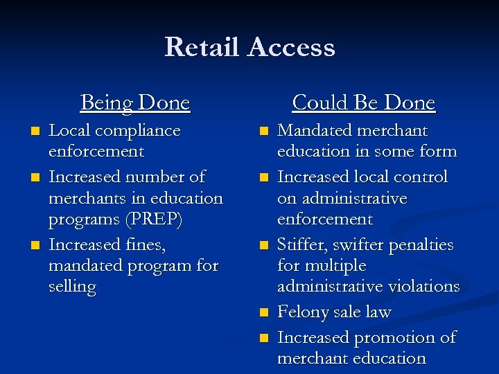 Retail Access Being Done n n n Local compliance enforcement Increased number of merchants