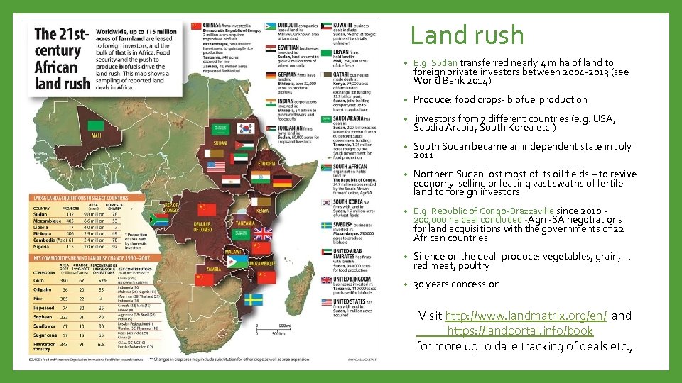 Land rush • E. g. Sudan transferred nearly 4 m ha of land to