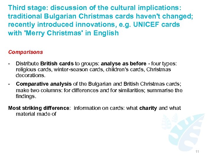 Third stage: discussion of the cultural implications: traditional Bulgarian Christmas cards haven't changed; recently