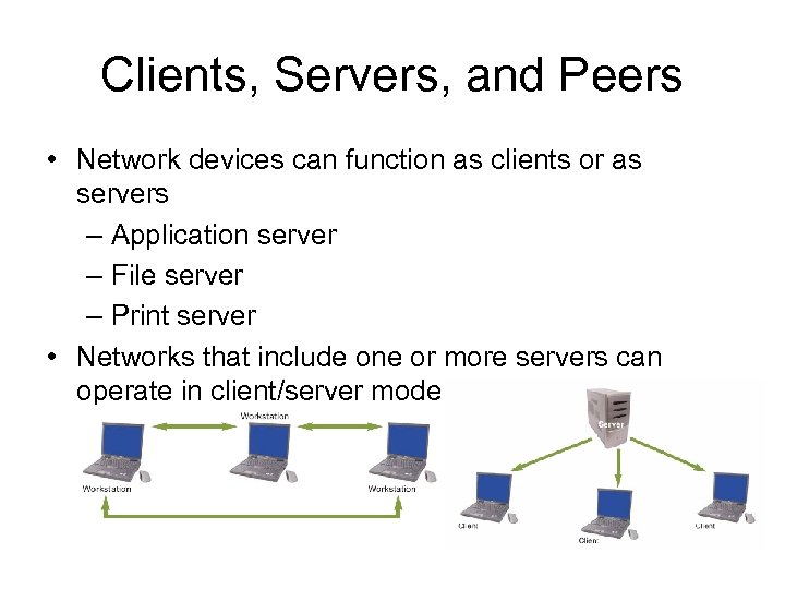 Clients, Servers, and Peers • Network devices can function as clients or as servers
