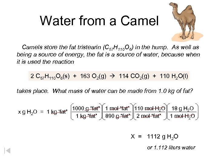 Water from a Camels store the fat tristearin (C 57 H 110 O 6)