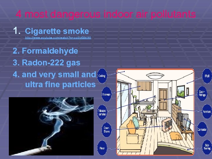 4 most dangerous indoor air pollutants 1. Cigarette smoke http: //www. youtube. com/watch? v=gci.