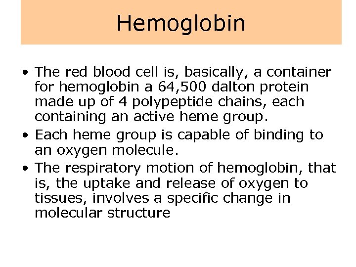 Hemoglobin • The red blood cell is, basically, a container for hemoglobin a 64,