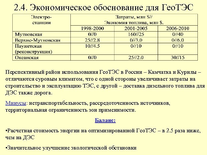 2. 4. Экономическое обоснование для Гео. ТЭС Перспективный район использования Гео. ТЭС в России
