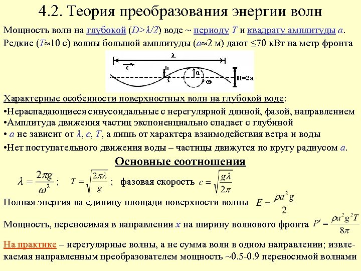 4. 2. Теория преобразования энергии волн Мощность волн на глубокой (D>λ/2) воде ~ периоду