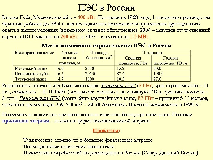 ПЭС в России Кислая Губа, Мурманская обл. – 400 к. Вт. Построена в 1968