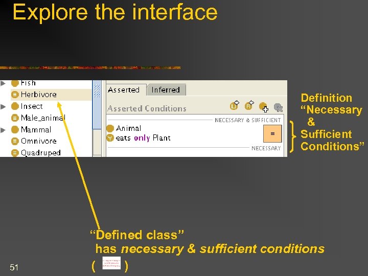 Explore the interface Definition “Necessary & Sufficient Conditions” 51 “Defined class” has necessary &