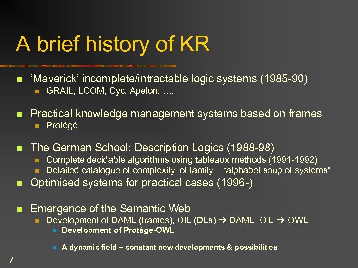 A brief history of KR n ‘Maverick’ incomplete/intractable logic systems (1985 -90) n n