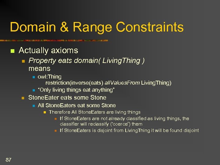 Domain & Range Constraints n Actually axioms n Property eats domain( Living. Thing )