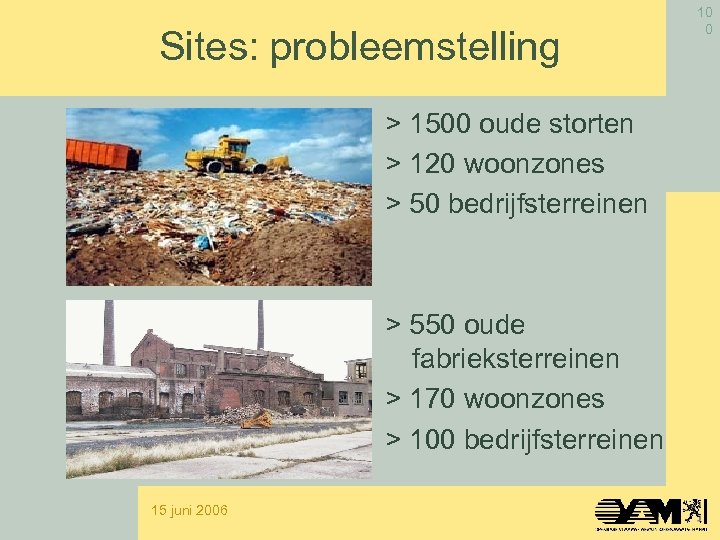 Sites: probleemstelling > 1500 oude storten > 120 woonzones > 50 bedrijfsterreinen > 550