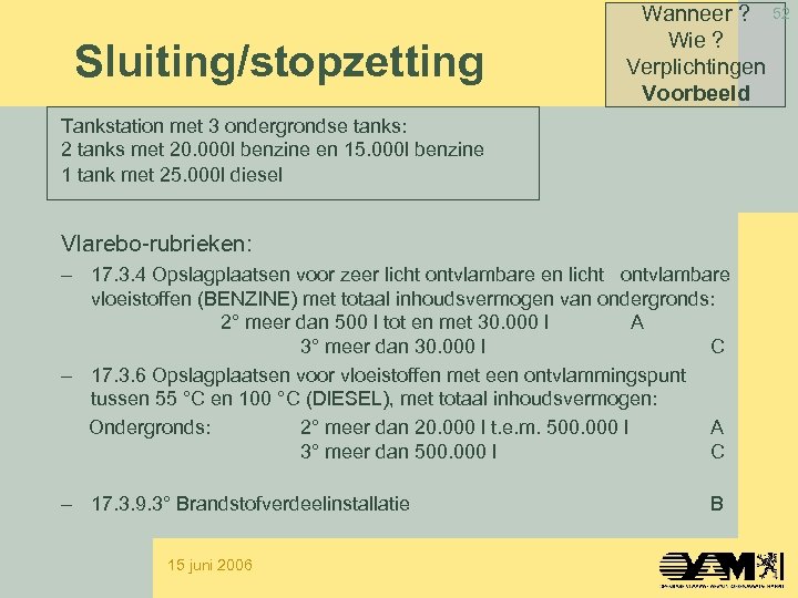 Sluiting/stopzetting Wanneer ? 52 Wie ? Verplichtingen Voorbeeld Tankstation met 3 ondergrondse tanks: 2